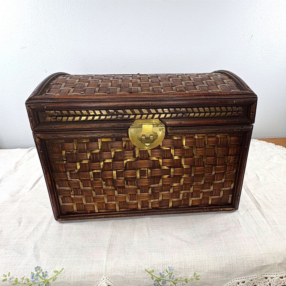 Vintage Woven Bamboo and Rattan Wood With Brass Inlay Trunk